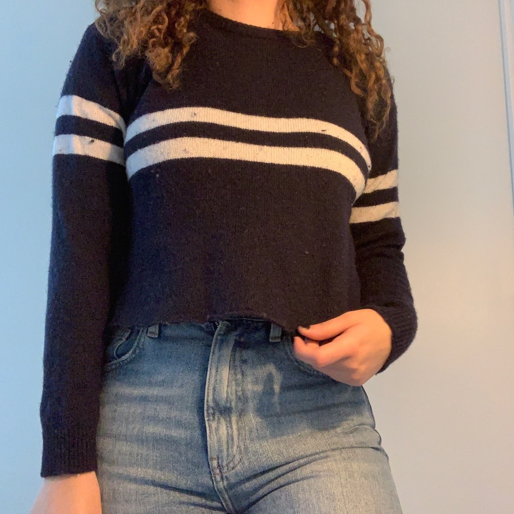 Navy Brandy Melville Sweater with White Stripes